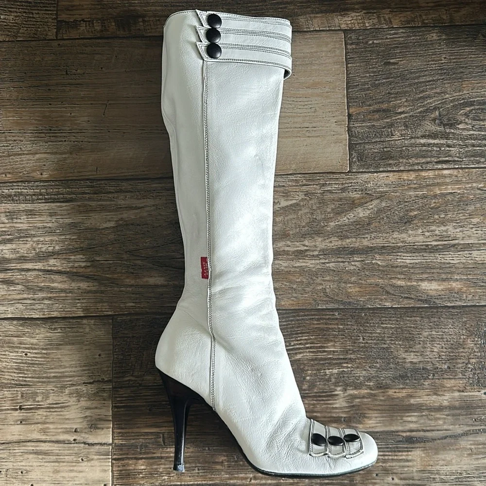 Miss Sixty White Tall Leather Boots with Black Trim